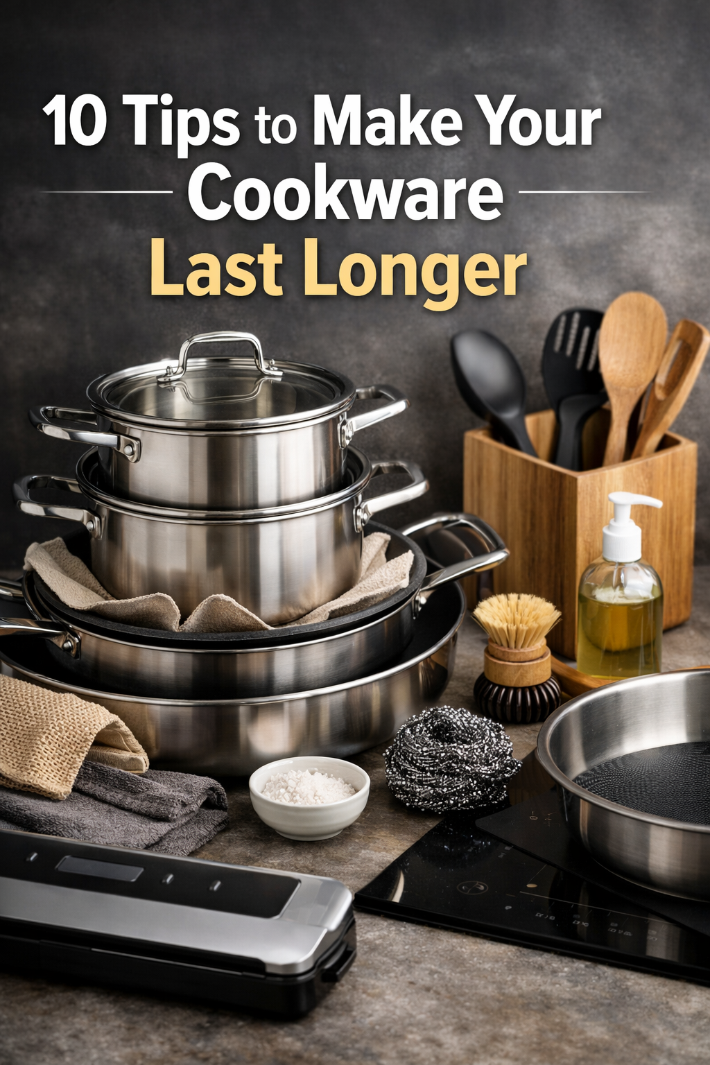 stainless steel cookware set with cooking utensils demonstrating cookware maintenance tips