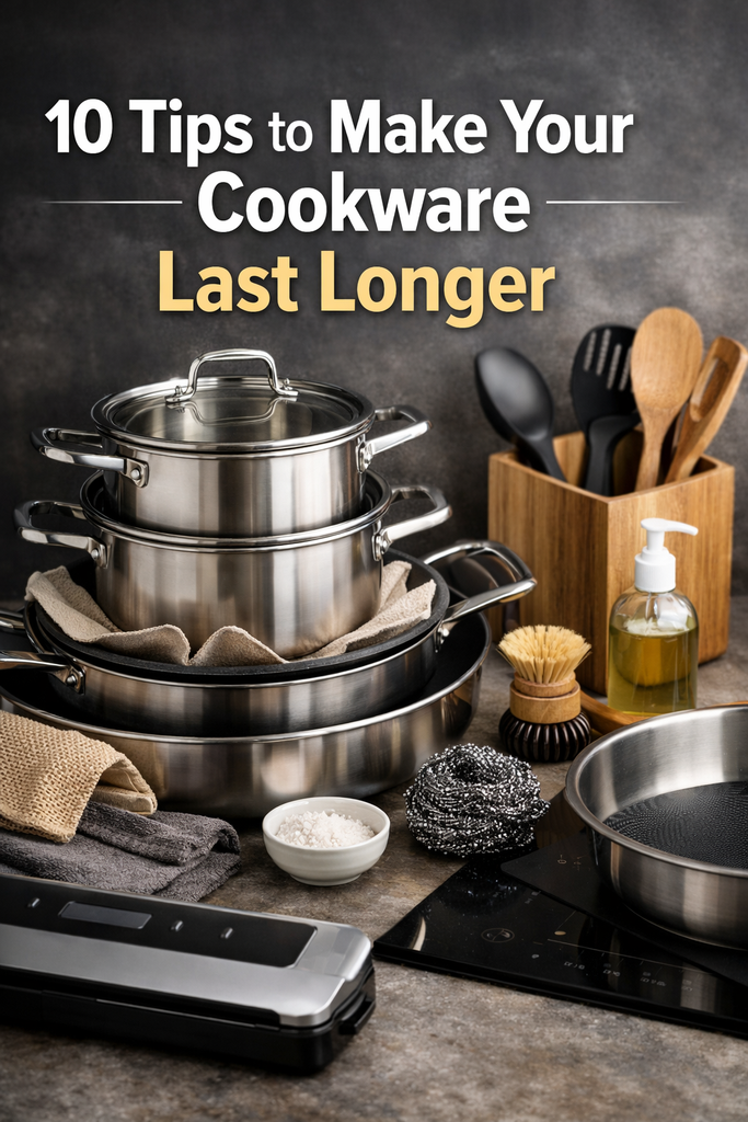 stainless steel cookware set with cooking utensils demonstrating cookware maintenance tips