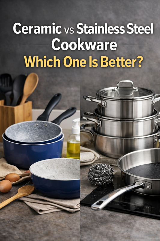 ceramic and stainless steel cookware comparison with pots and pans in modern kitchen