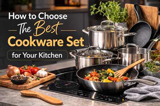 modern cookware set with stainless steel pots and frying pans on kitchen induction cooktop