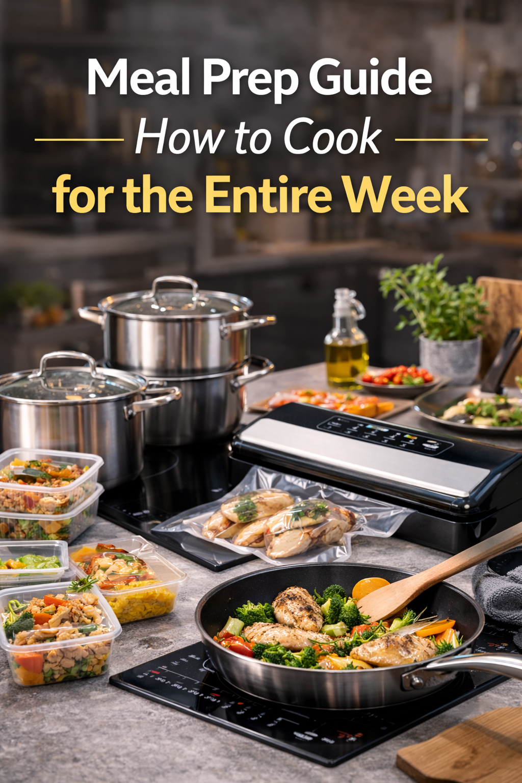 meal prep cooking with cookware and vacuum sealed food containers in modern kitchen