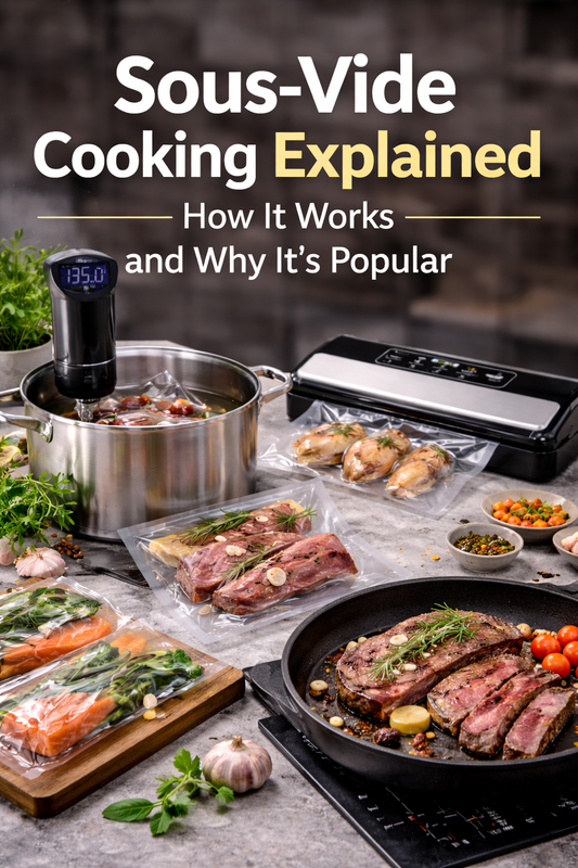 sous vide cooking with vacuum sealed steak and cookware in modern kitchen