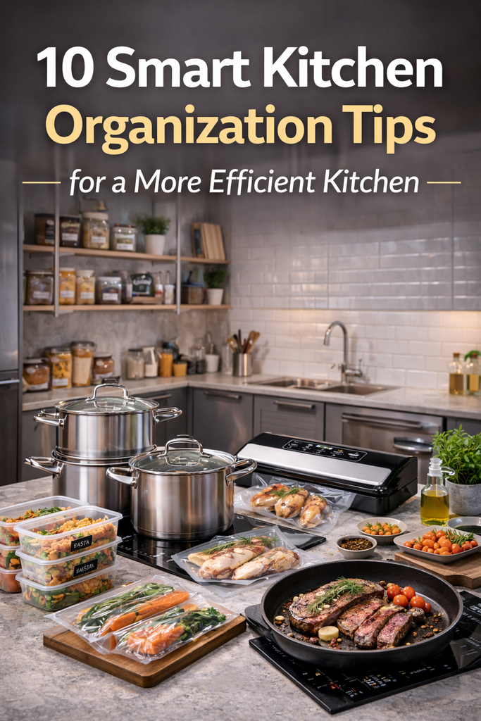 organized modern kitchen with cookware set and food storage containers