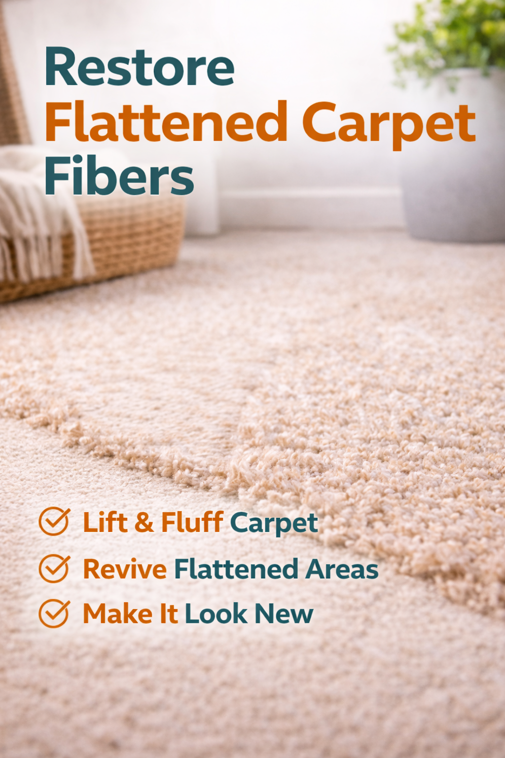 flattened carpet fibers compared to restored fluffy carpet texture in modern living room