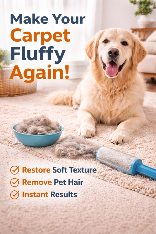 dog sitting on fluffy carpet with visible pet hair in modern living room