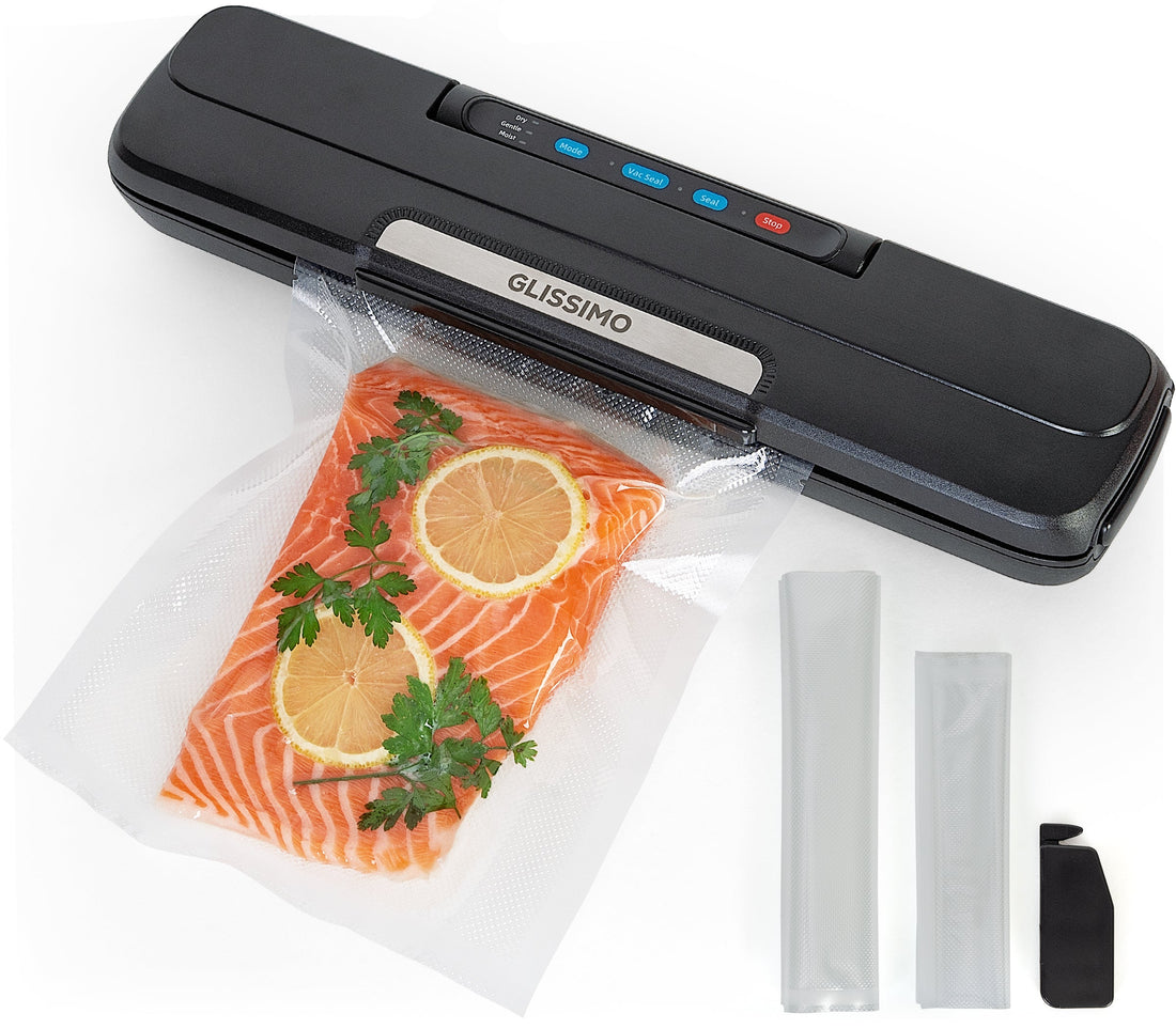 vacuum sealer machine sealing fresh food for storage on modern kitchen counter