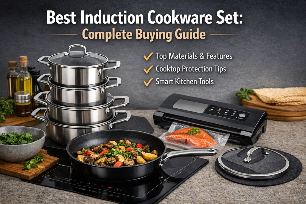 stainless steel induction cookware set cooking on modern induction cooktop in contemporary kitchen