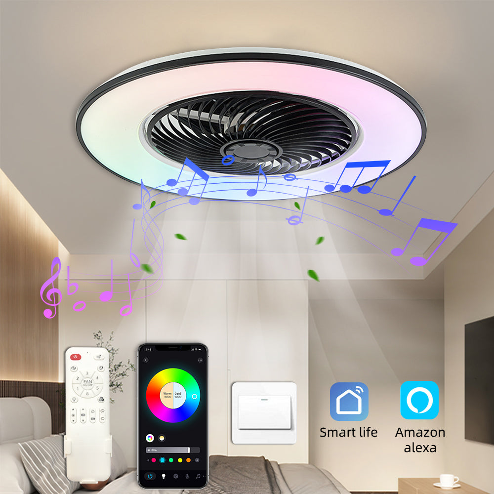 Glissimo 3 in 1 Slimme Plafondventilator met Lamp en Bluetooth Speaker – Fluisterstil – Dimbare LED – Afstandsbediening – 3 Snelheden – Zomerstand - Winterstand - Zwart