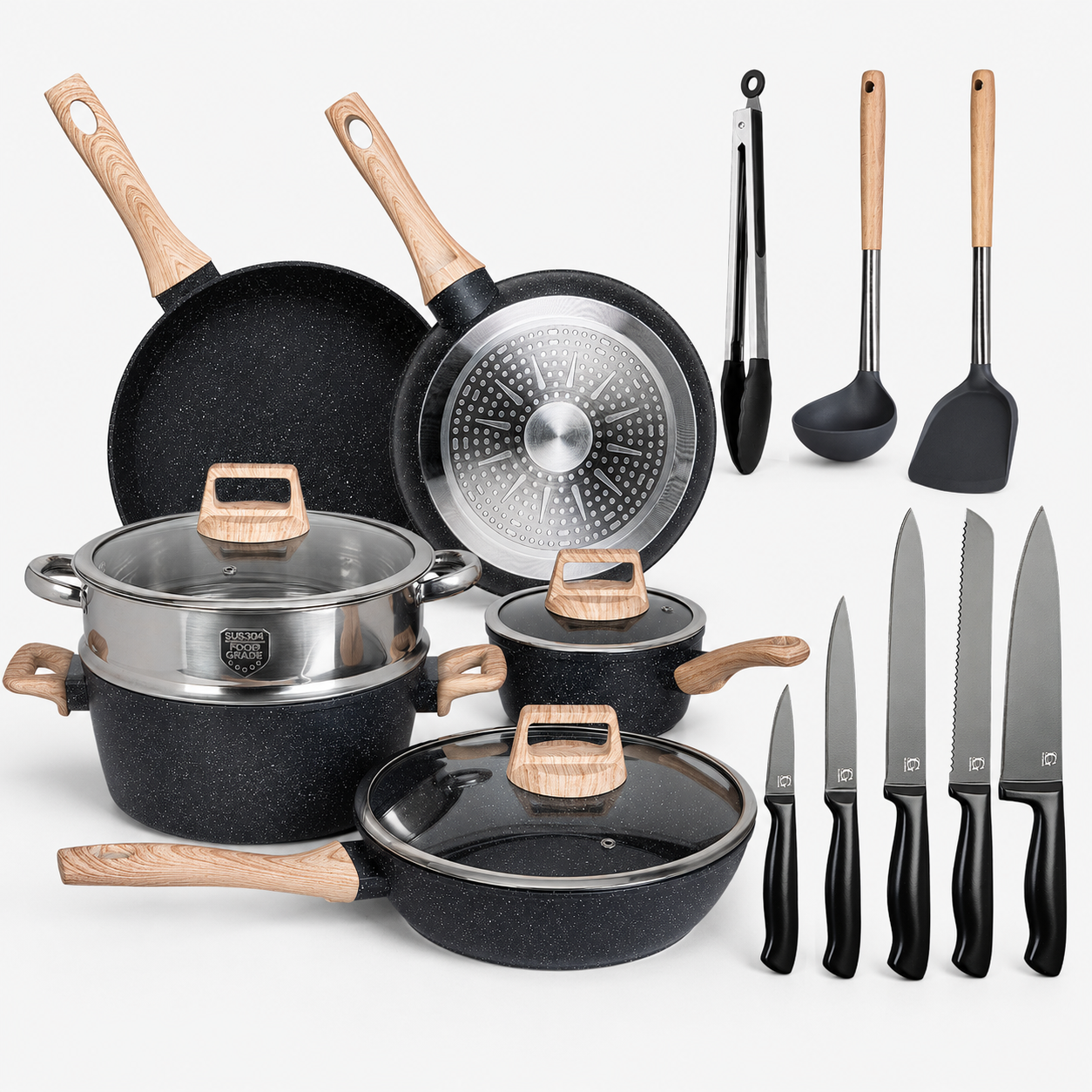 Glissimo Cookware - 17-delige Pannenset Inductie met Messenset - Voor alle warmtebronnen - PFAS-vrij
