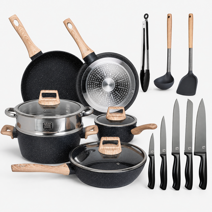 Glissimo Cookware - 17-delige Pannenset Inductie met Messenset - Voor alle warmtebronnen - PFAS-vrij