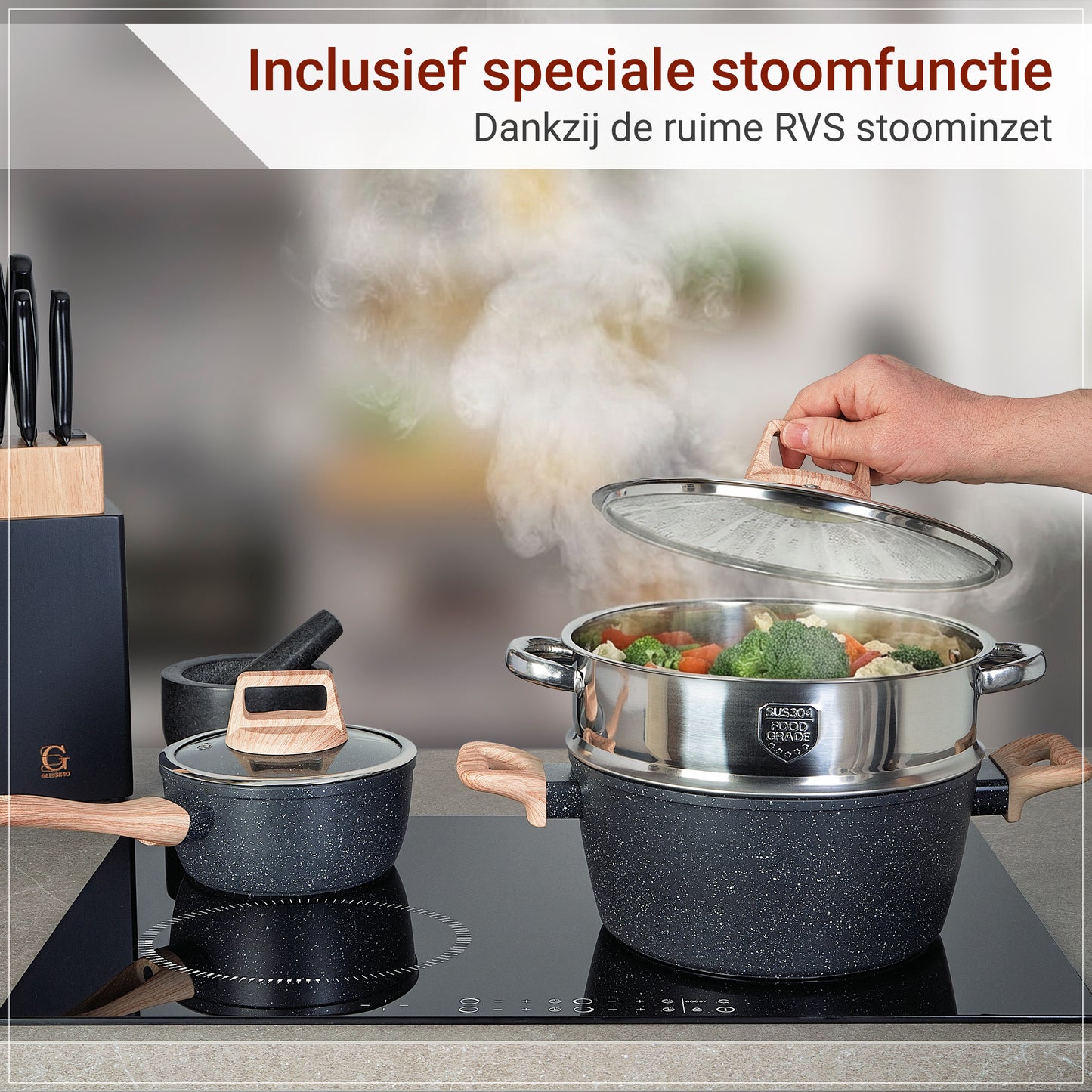 Glissimo Cookware - 17-delige Pannenset Inductie met Messenset - Voor alle warmtebronnen - PFAS-vrij