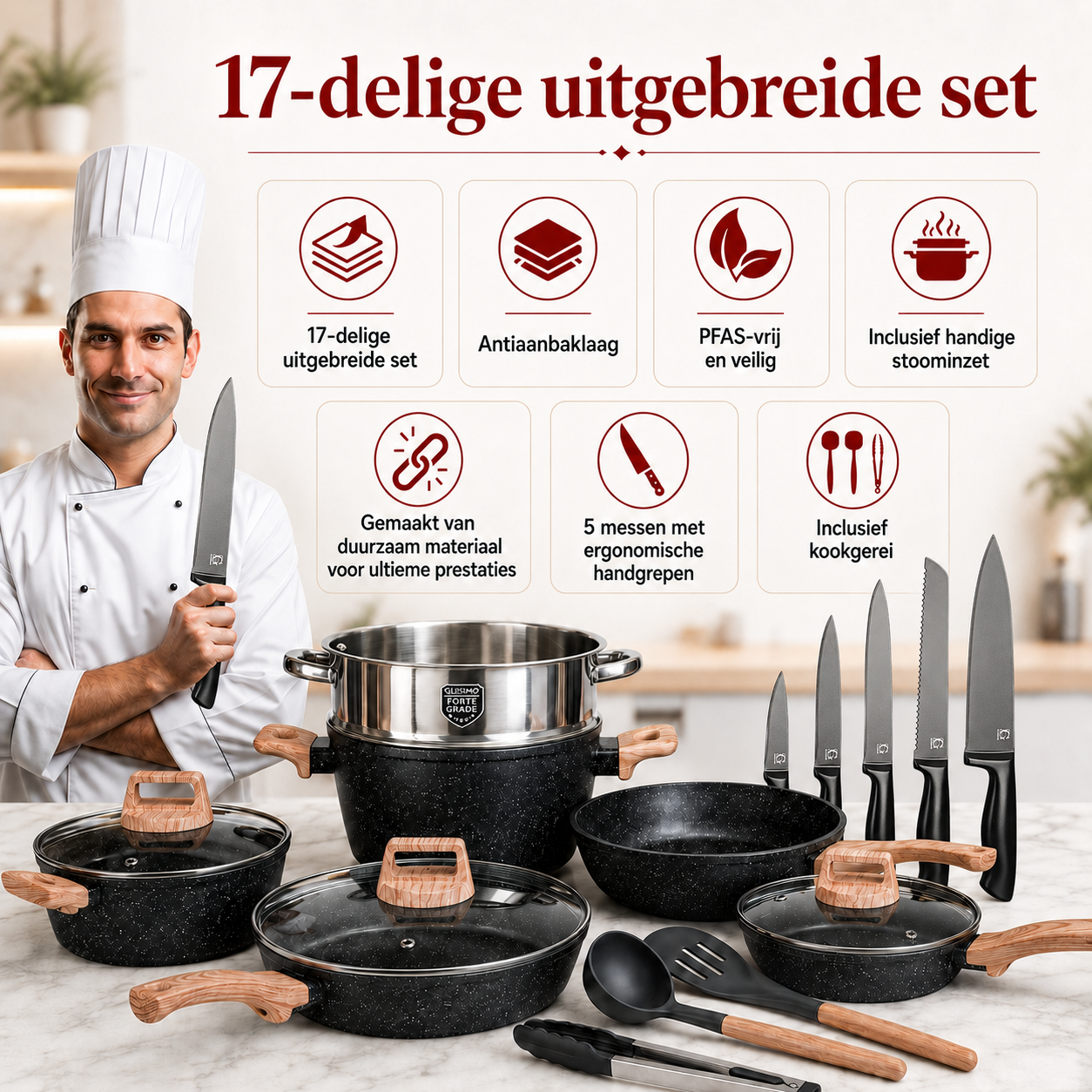 Glissimo Cookware - 17-delige Pannenset Inductie met Messenset - Voor alle warmtebronnen - PFAS-vrij