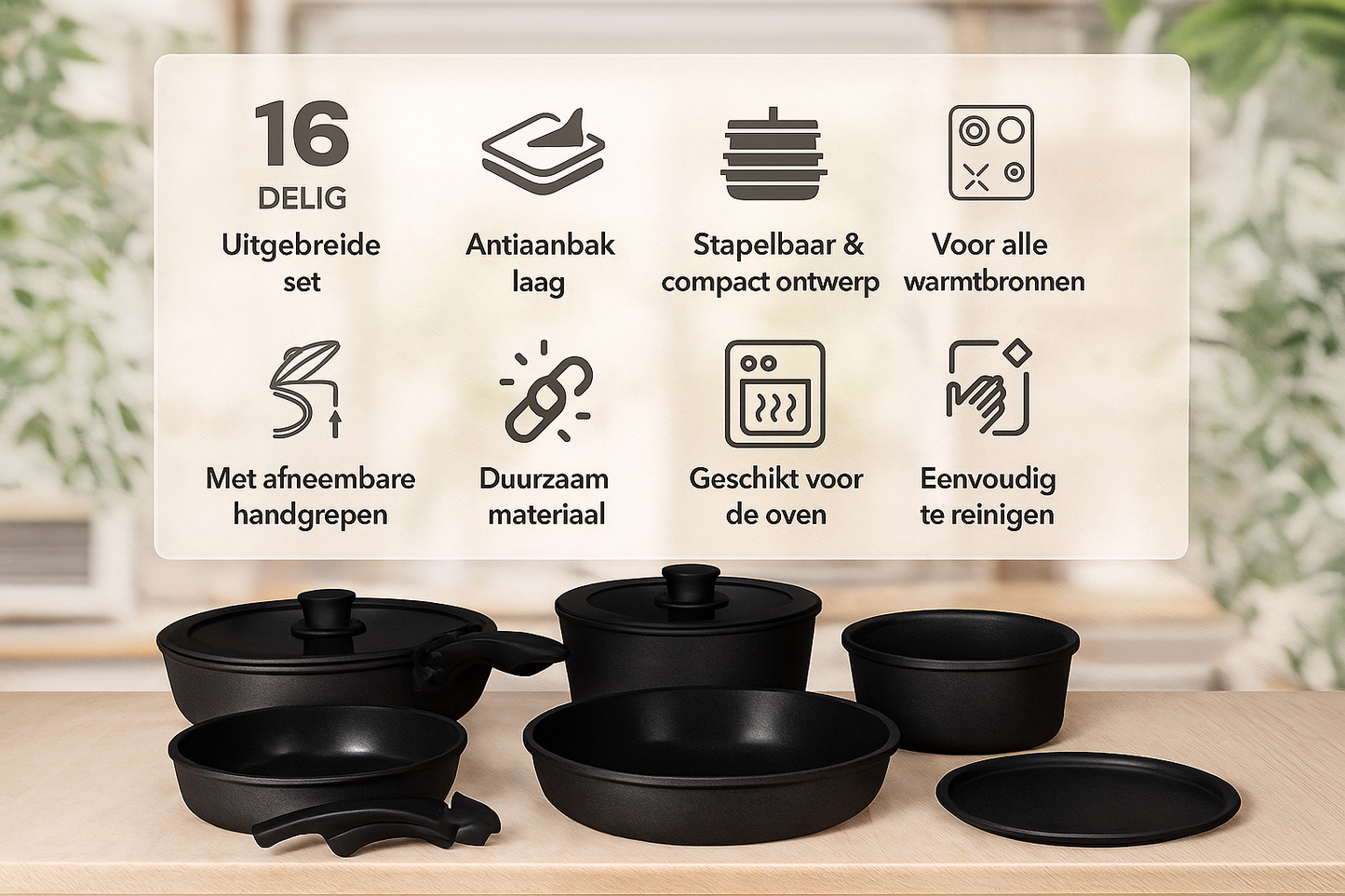 Glissimo Cookware - 16-delige Keramische Pannenset Zwart - Afneembare Handgreep - Non-stick - Pannenset -Geschikt voor alle warmtebronnen - PFAS vrij - BPA vrij -Anti Baklaag - Stapelbaar - RVS Snijplank