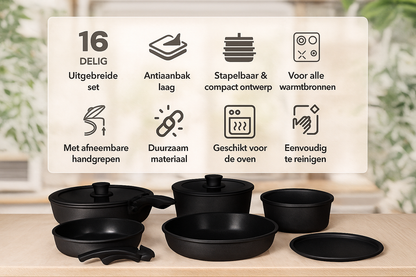 Glissimo Cookware - 16-delige Keramische Pannenset Zwart - Afneembare Handgreep - Non-stick - Pannenset -Geschikt voor alle warmtebronnen - PFAS vrij - BPA vrij -Anti Baklaag - Stapelbaar - RVS Snijplank