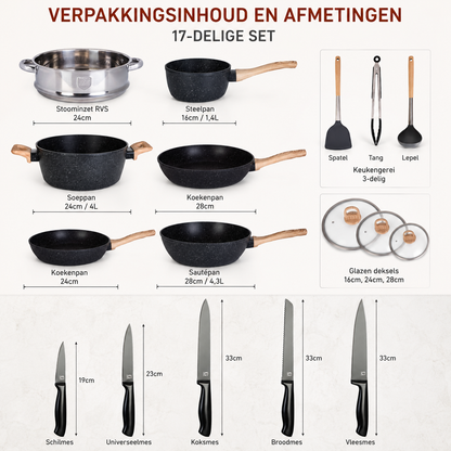 Glissimo Cookware - 17-delige Pannenset Inductie met Messenset - Voor alle warmtebronnen - PFAS-vrij