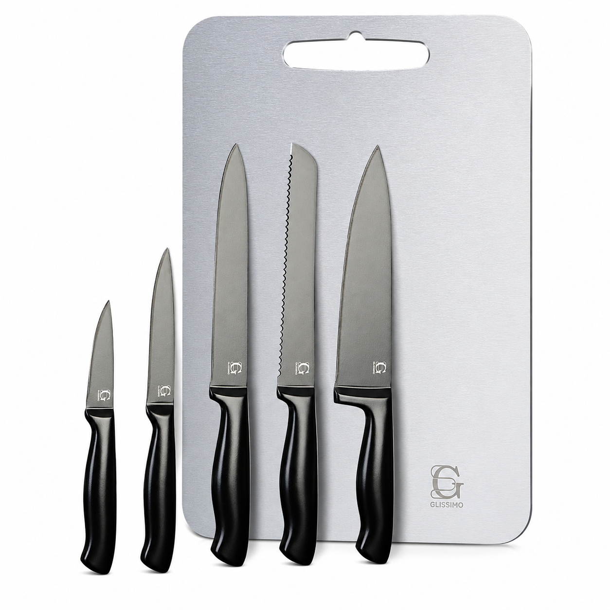 Glissimo Cookware - Messenset met RVS Snijplank – 6-delig – Zwart