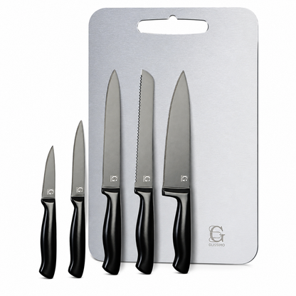 Glissimo Cookware - Messenset met RVS Snijplank – 6-delig – Zwart