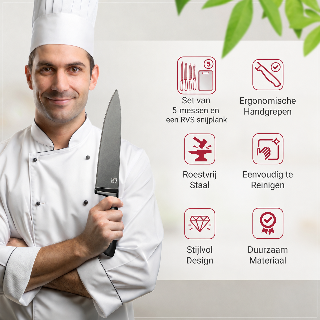 Glissimo Cookware - Messenset met RVS Snijplank – 6-delig – Zwart