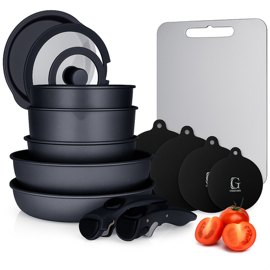 Glissimo Cookware - 21-delige Keramische Pannenset met Inductiebeschermers en RVS Snijplank – Stapelbaar, Afneembare Handgreep, PFAS-vrij, Geschikt voor alle warmtebronnen