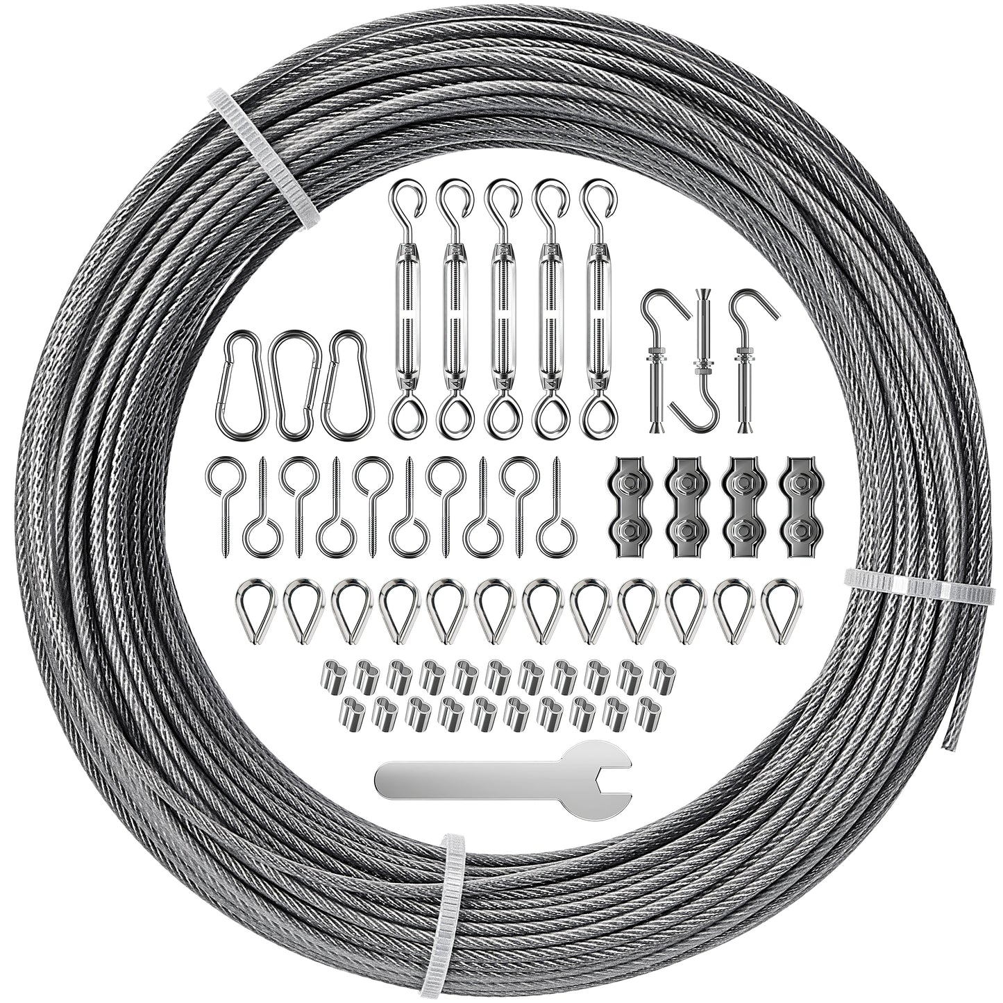 Glissimo Steel Wire Cable Kit – 30m x 2mm Nylon-Coated Wire Rope – Includes Stainless Hooks, Screw Eyes & Fasteners – for Hanging Lights, Clotheslines & Outdoor Use