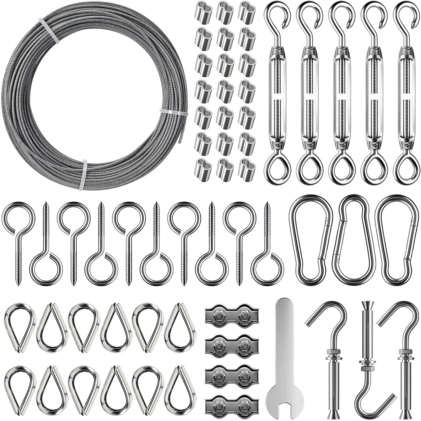 Glissimo Steel Wire Cable Kit – 30m x 2mm Nylon-Coated Wire Rope – Includes Stainless Hooks, Screw Eyes & Fasteners – for Hanging Lights, Clotheslines & Outdoor Use