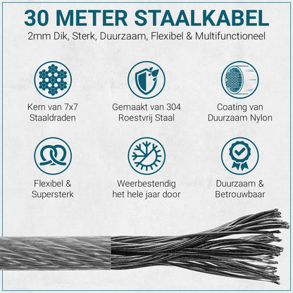 Glissimo Steel Wire Cable Kit – 30m x 2mm Nylon-Coated Wire Rope – Includes Stainless Hooks, Screw Eyes & Fasteners – for Hanging Lights, Clotheslines & Outdoor Use