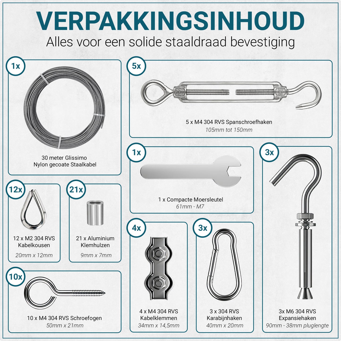 Glissimo Steel Wire Cable Kit – 30m x 2mm Nylon-Coated Wire Rope – Includes Stainless Hooks, Screw Eyes & Fasteners – for Hanging Lights, Clotheslines & Outdoor Use