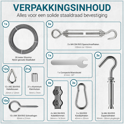 Glissimo Steel Wire Cable Kit – 30m x 2mm Nylon-Coated Wire Rope – Includes Stainless Hooks, Screw Eyes & Fasteners – for Hanging Lights, Clotheslines & Outdoor Use