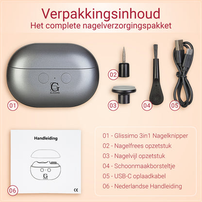 Glissimo - 3 in 1 - Professionele Elektrische Nagelknipper – Nagelfrees – Vinger en Teen Schaar - Met Opzetstukken voor polijsten & Nagelriemverzorging – Manicure & Pedicure - Baby Nagels - Nagelvijl - Veilig voor Baby's, Kinderen & Volwassenen