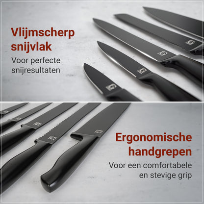 Glissimo Cookware - Messenset met RVS Snijplank – 6-delig – Zwart