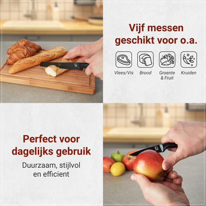 Glissimo Cookware - Messenset met RVS Snijplank – 6-delig – Zwart
