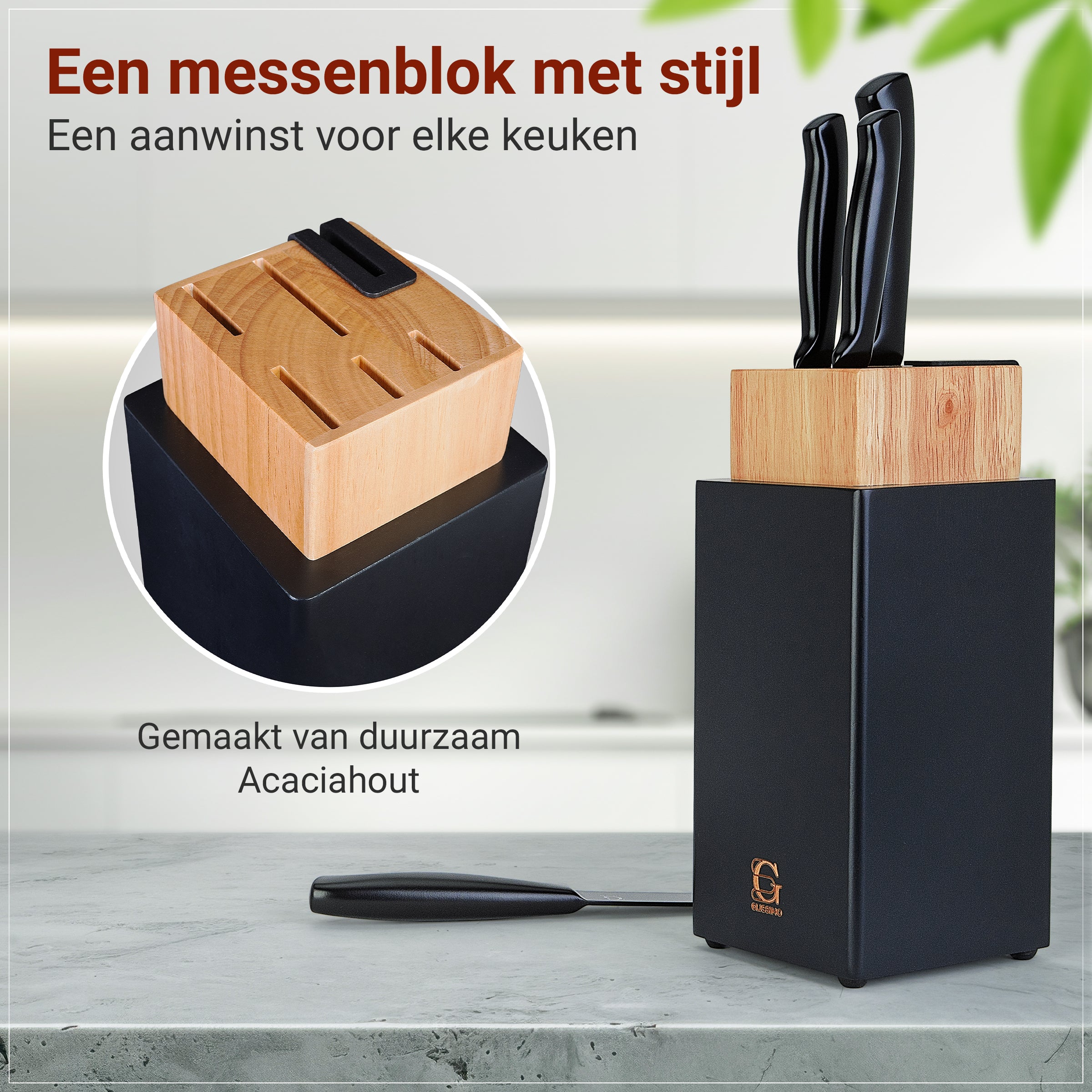 3-in-1 Messenblok Set met Messenslijper & Magnetische Houder – 5-delige Messenset
