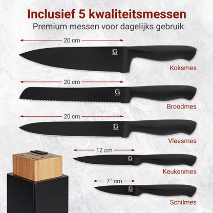 3-in-1 Messenblok Set met Messenslijper & Magnetische Houder – 5-delige Messenset