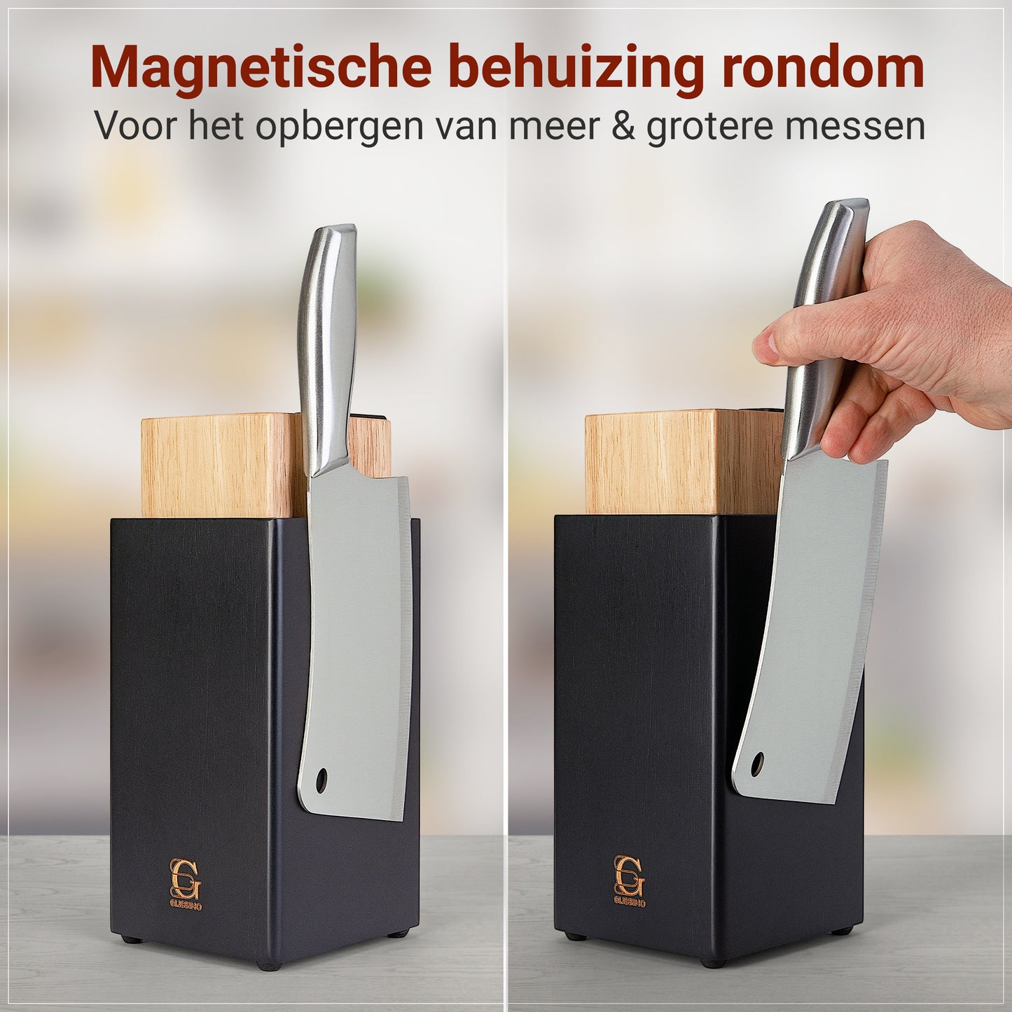3-in-1 Messenblok Set met Messenslijper & Magnetische Houder – 5-delige Messenset
