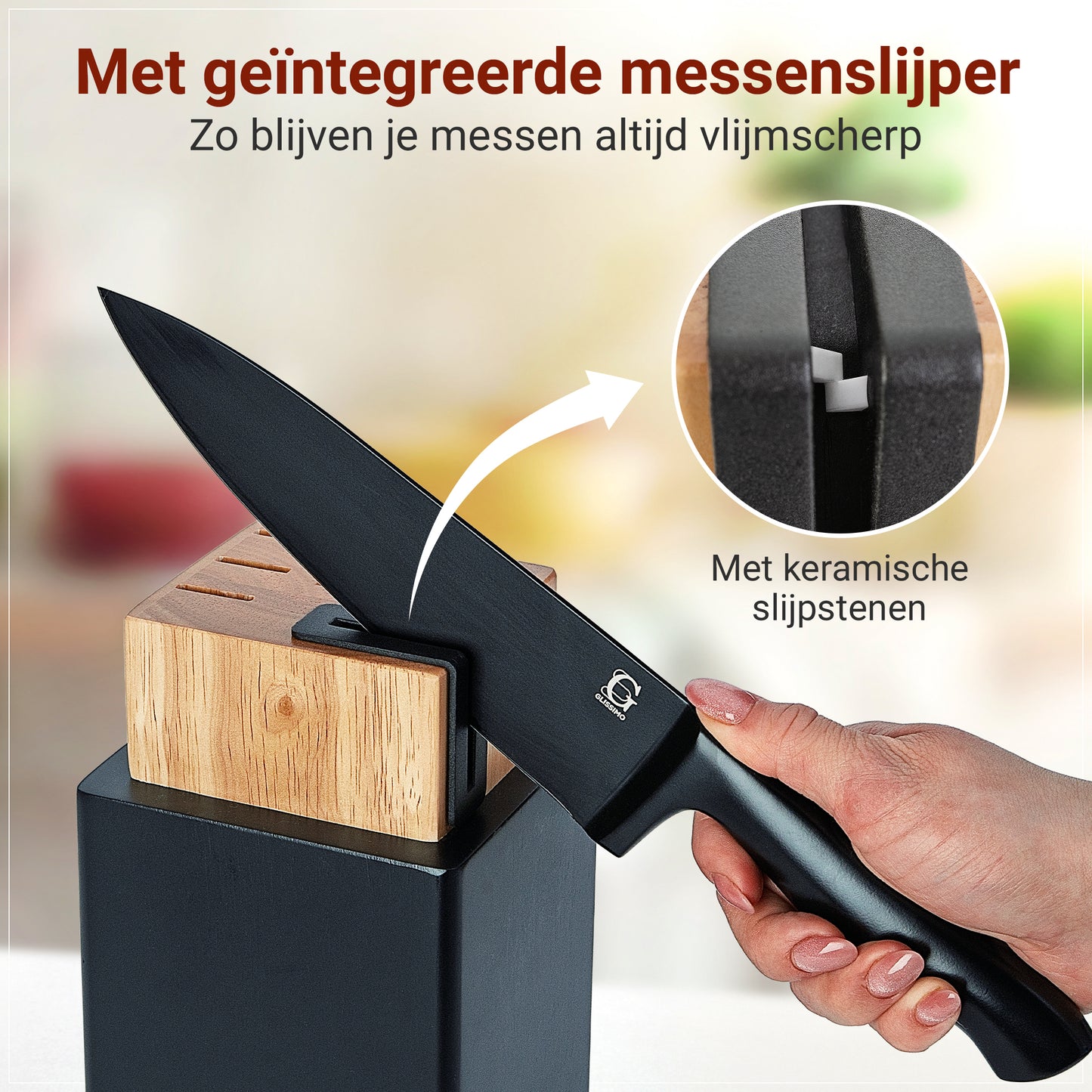 3-in-1 Messenblok Set met Messenslijper & Magnetische Houder – 5-delige Messenset
