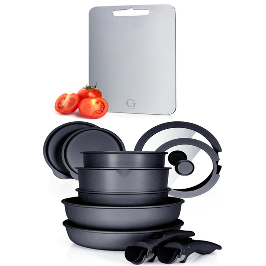 Glissimo Cookware - 16-delige Keramische Pannenset Zwart - Afneembare Handgreep - Non-stick - Pannenset -Geschikt voor alle warmtebronnen - PFAS vrij - BPA vrij -Anti Baklaag - Stapelbaar - RVS Snijplank