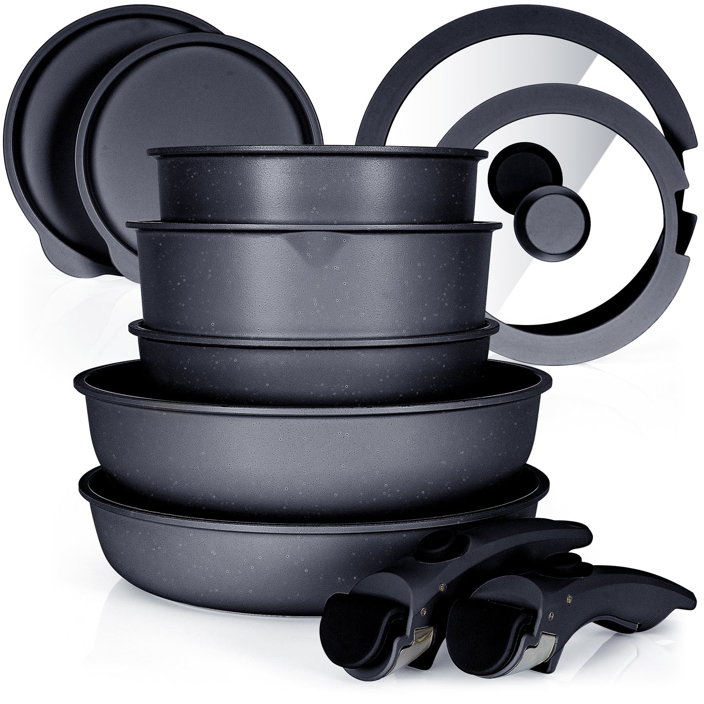 Glissimo 15-Piece Cookware Set – Stackable, Non-Stick & Induction-Ready – PFAS & BPA-Free – Space-Saving Design – Black