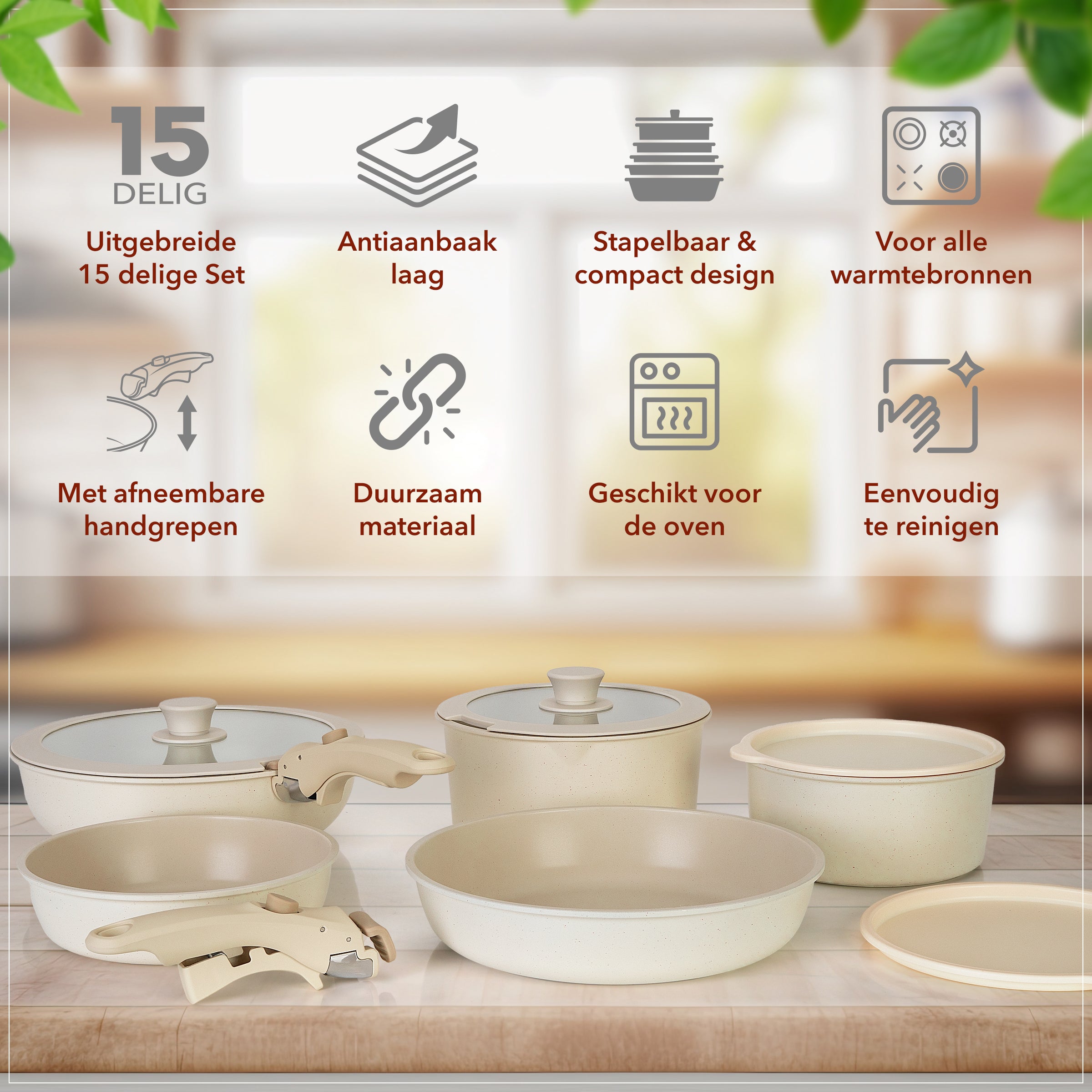 15-delige Pannenset Creme
