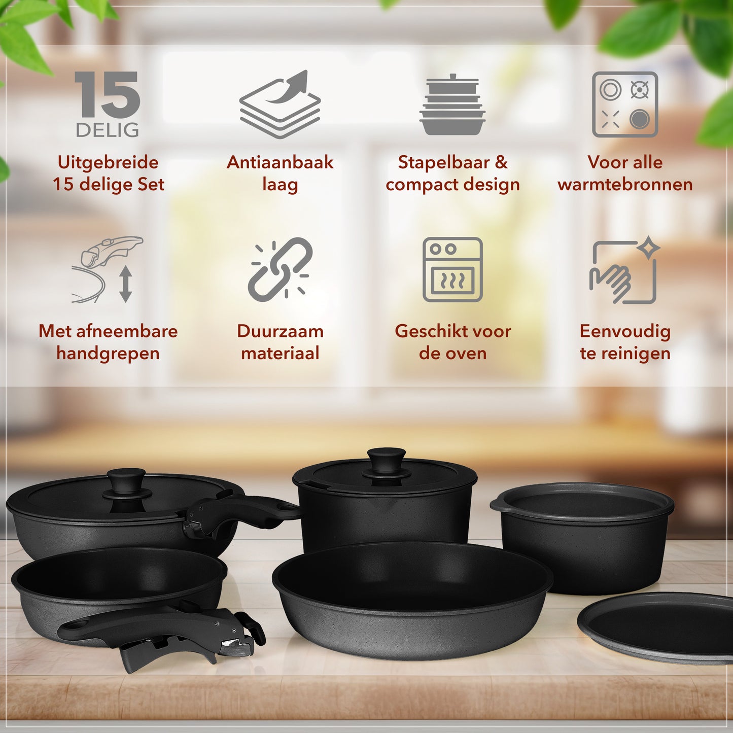 Glissimo 15-Piece Cookware Set – Stackable, Non-Stick & Induction-Ready – PFAS & BPA-Free – Space-Saving Design – Black