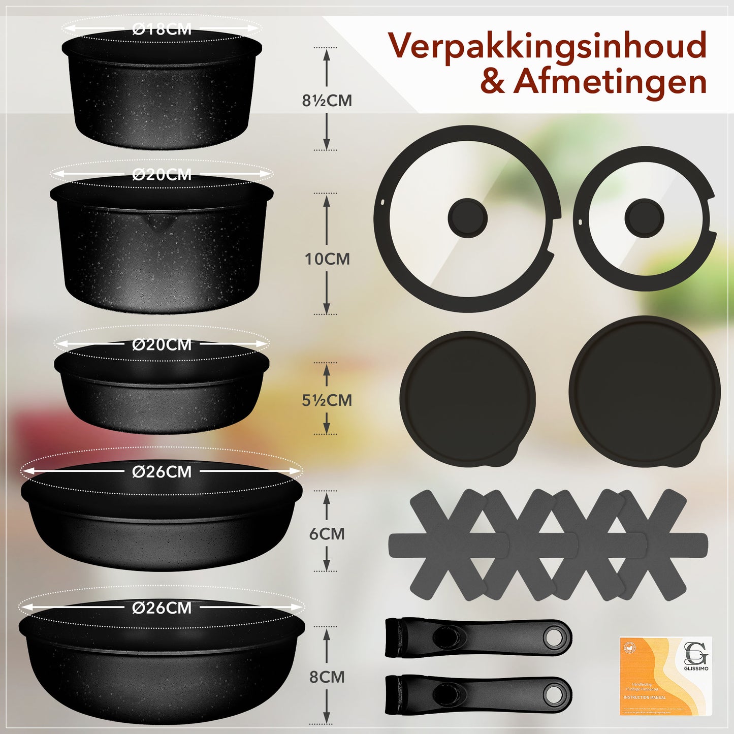 Glissimo 15-Piece Cookware Set – Stackable, Non-Stick & Induction-Ready – PFAS & BPA-Free – Space-Saving Design – Black