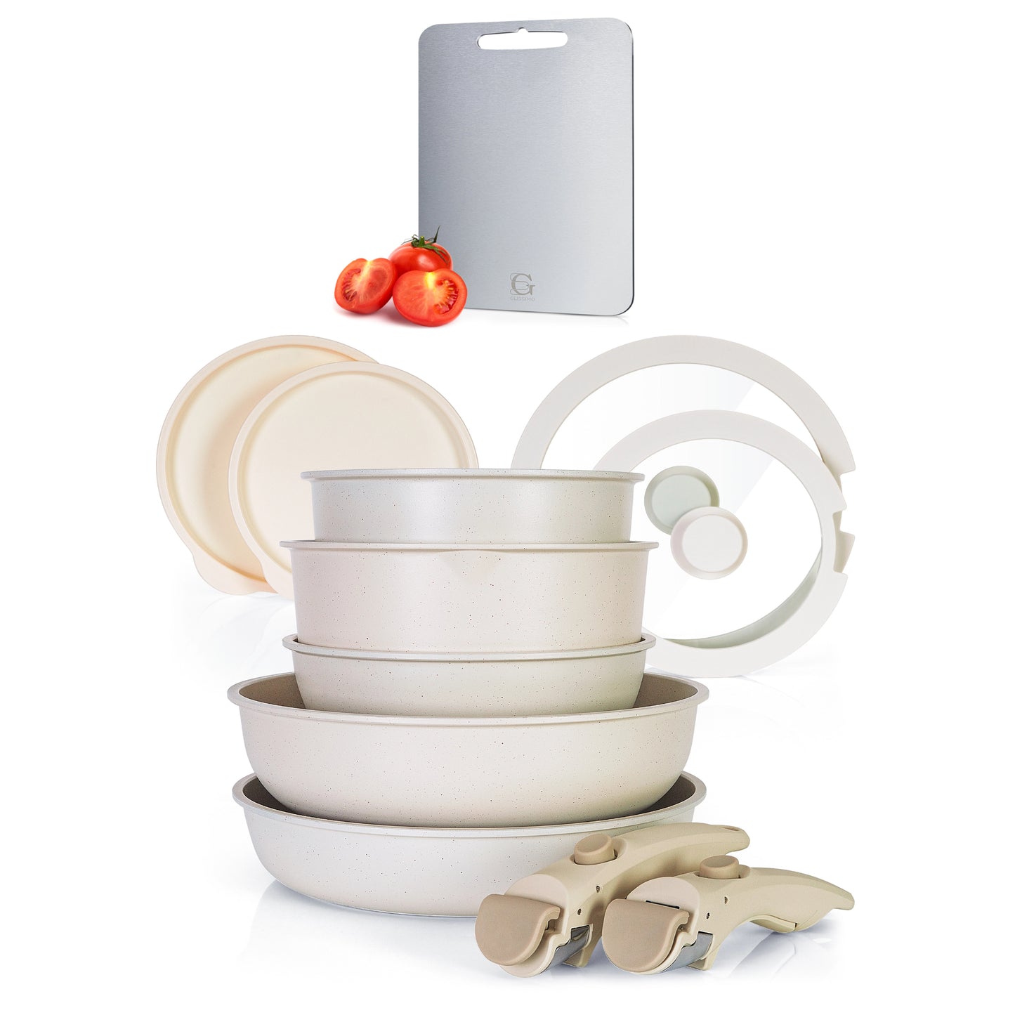 Glissimo Cookware - 16-delige Keramische Pannenset Zwart - Afneembare Handgreep - Non-stick - Pannenset -Geschikt voor alle warmtebronnen - PFAS vrij - BPA vrij -Anti Baklaag - Stapelbaar - RVS Snijplank