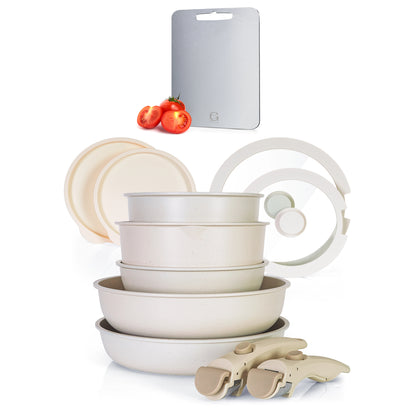 Glissimo Cookware - 16-delige Keramische Pannenset Zwart - Afneembare Handgreep - Non-stick - Pannenset -Geschikt voor alle warmtebronnen - PFAS vrij - BPA vrij -Anti Baklaag - Stapelbaar - RVS Snijplank