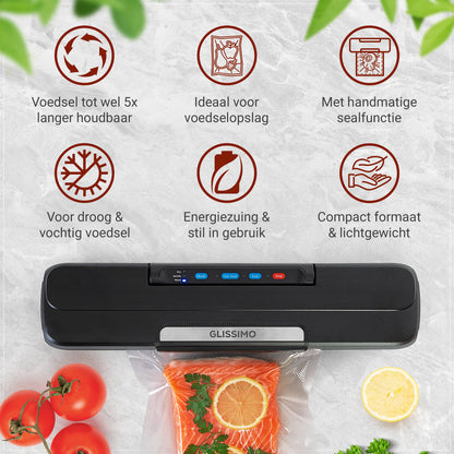Glissimo – Professionele Vacuümmachine voor Voedsel – Compact & Krachtig – Incl. Afdichtingsfunctie voor Nat en Droog Voedsel – 65kPa – 50x Continu Afdichten - Seal functie - Geschikt voor de meeste vacuumzakken - Vacumeermachine - Noodvoorraad