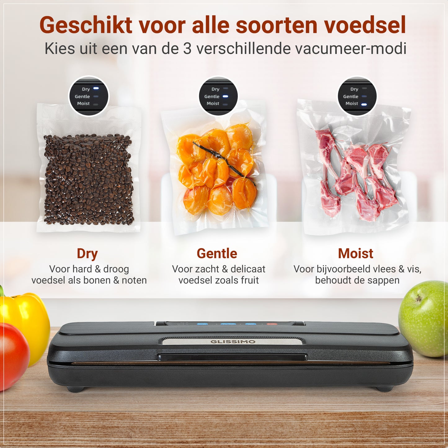 Glissimo – Professionele Vacuümmachine voor Voedsel – Compact & Krachtig – Incl. Afdichtingsfunctie voor Nat en Droog Voedsel – 65kPa – 50x Continu Afdichten - Seal functie - Geschikt voor de meeste vacuumzakken - Vacumeermachine - Noodvoorraad