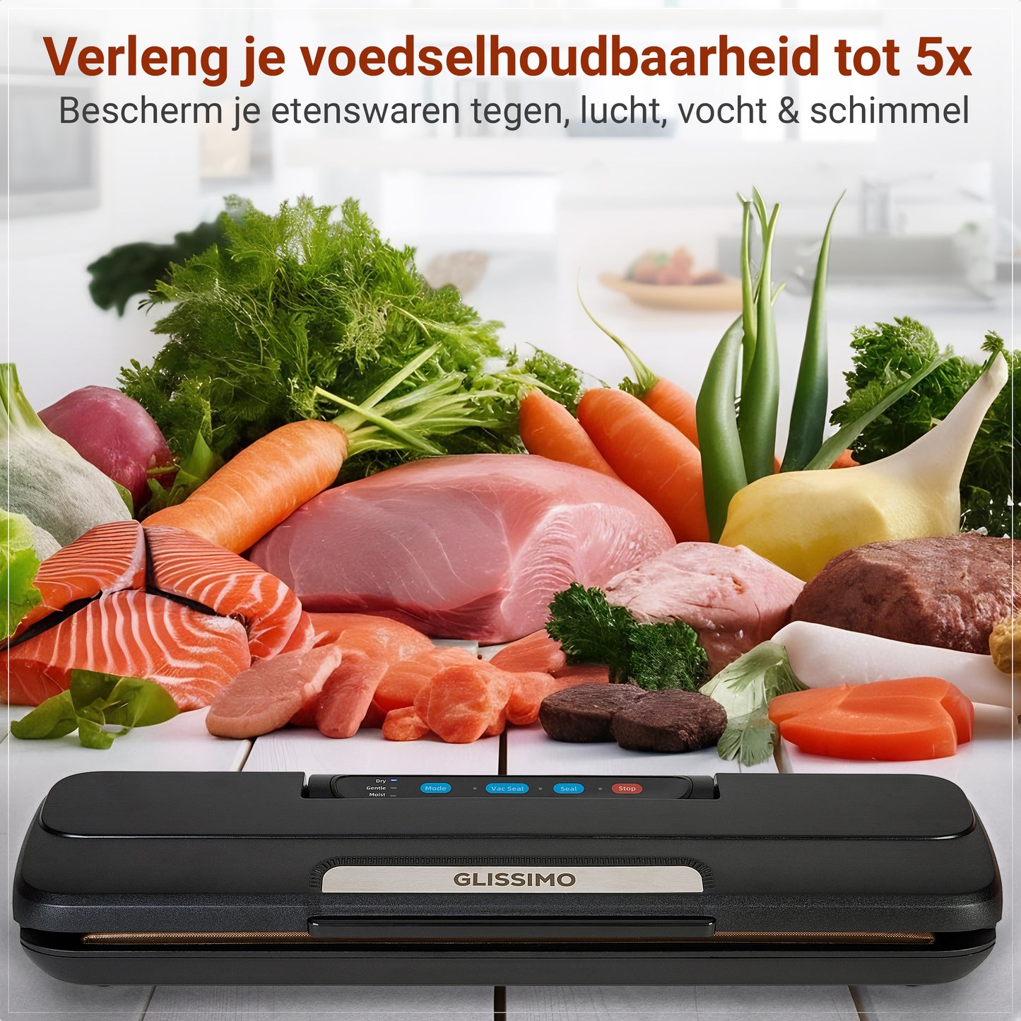 Glissimo – Professionele Vacuümmachine voor Voedsel – Compact & Krachtig – Incl. Afdichtingsfunctie voor Nat en Droog Voedsel – 65kPa – 50x Continu Afdichten - Seal functie - Geschikt voor de meeste vacuumzakken - Vacumeermachine - Noodvoorraad