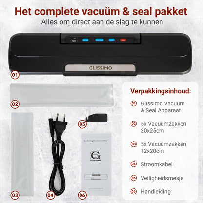 Glissimo – Professionele Vacuümmachine voor Voedsel – Compact & Krachtig – Incl. Afdichtingsfunctie voor Nat en Droog Voedsel – 65kPa – 50x Continu Afdichten - Seal functie - Geschikt voor de meeste vacuumzakken - Vacumeermachine - Noodvoorraad
