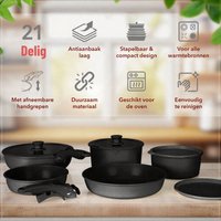 Glissimo Cookware - 21-delige Keramische Pannenset met Inductiebeschermers en RVS Snijplank – Stapelbaar, Afneembare Handgreep, PFAS-vrij, Geschikt voor alle warmtebronnen